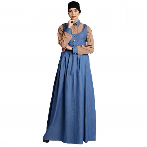 Classic Denim maxi dress with shirt collar- Khaki-Blue